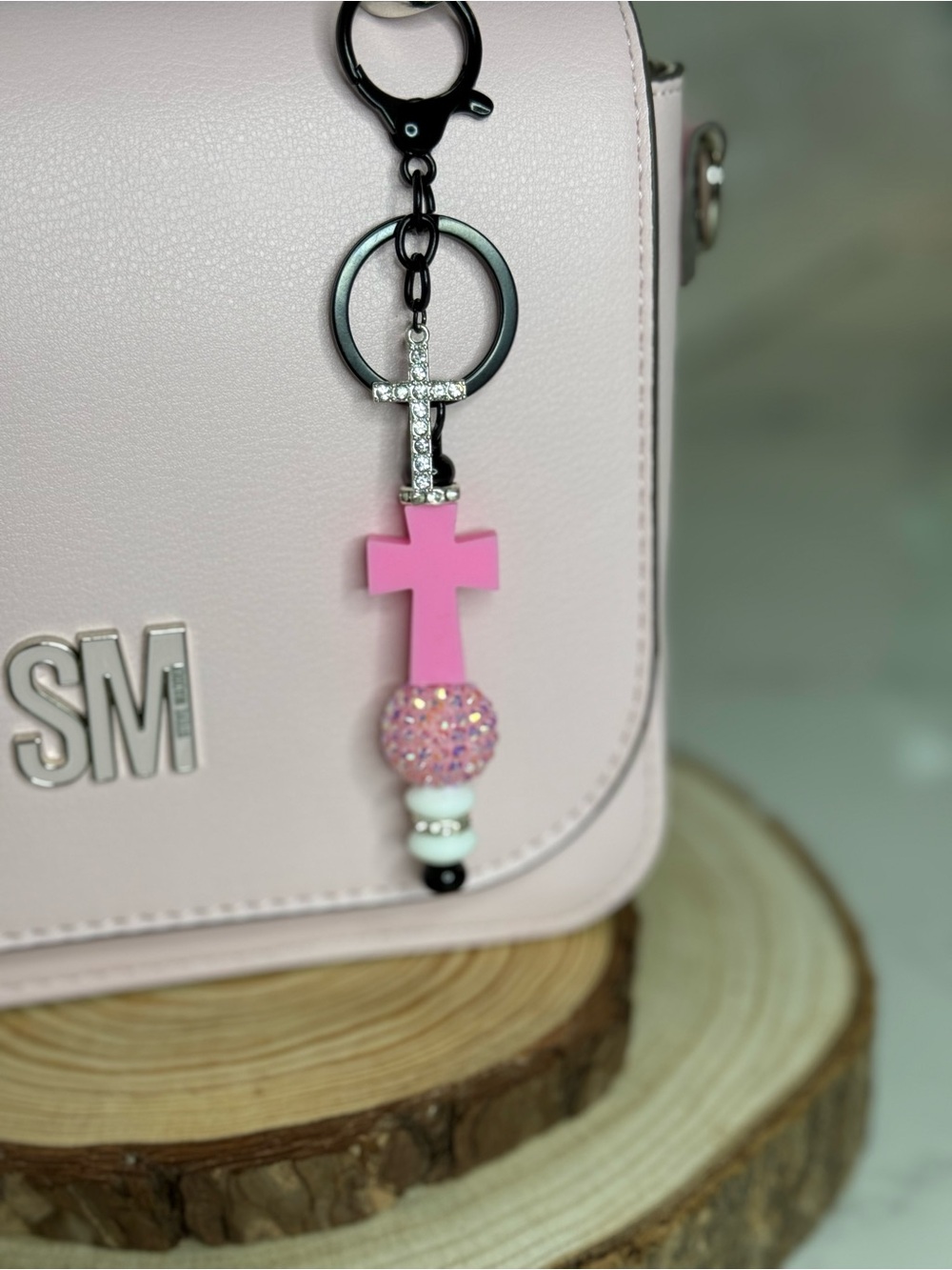 Pink Cross Beaded Keychain with Rhinestone Cross Charm - Picture 3 of 6